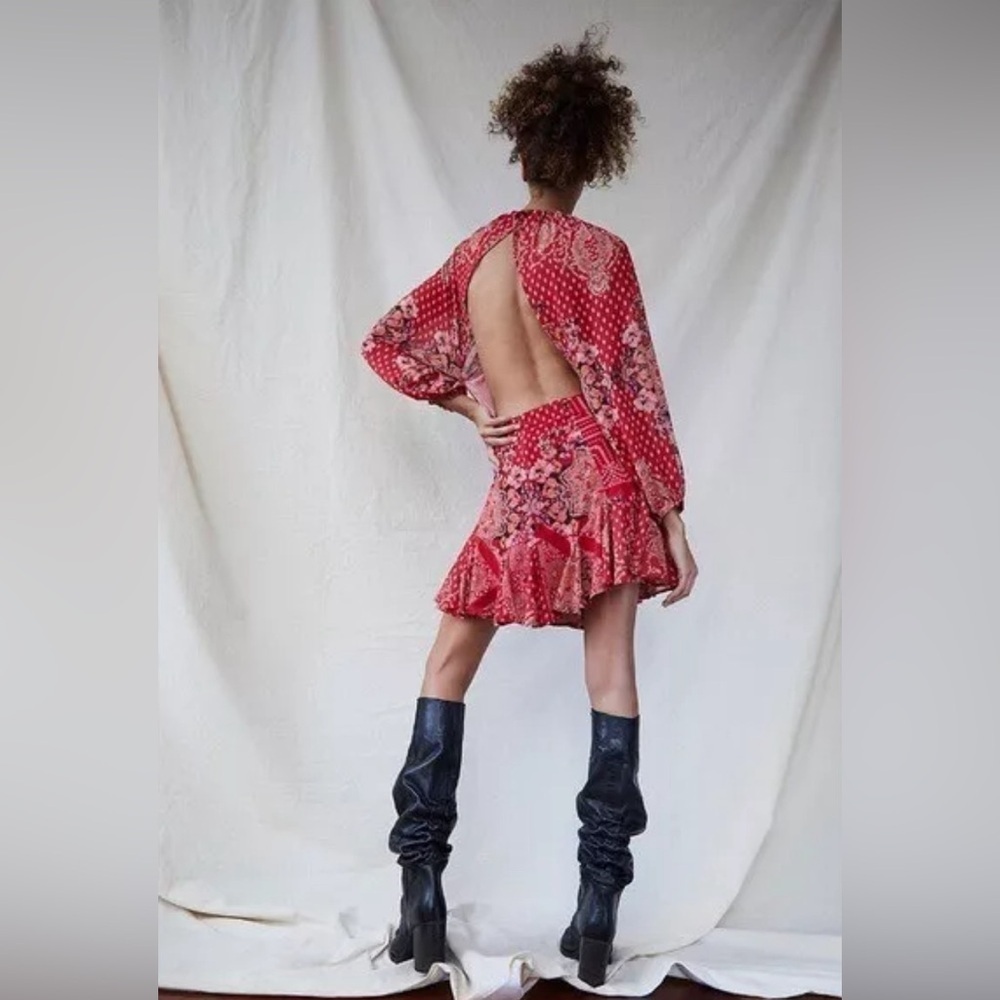 Free People Open Back Puff Sleeve Printed Seven Wonders Ruffle Mini Dress, Sz XS